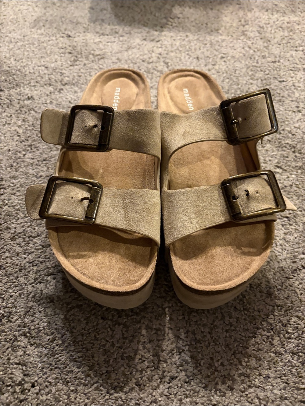 Madden Girl Taupe Suede-like Double-Buckle Slide Sandals